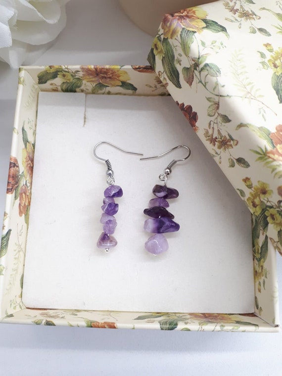 Amethyst Earrings • Chip Stone Earrings • Silver Earrings
