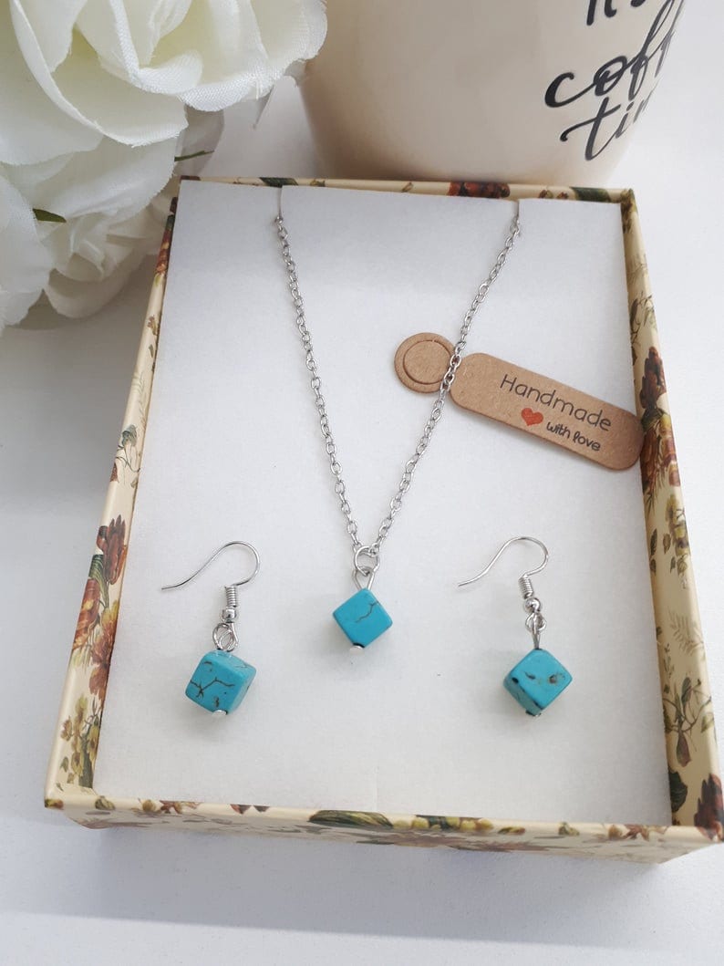 Turquoise Square Silver Necklace Square Pendant Turquoise Charm Necklace December Birthstone Turquoise Jewelry-Silver Plate Necklace