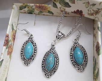 Conjunto turquesa ovalado / Pendientes ovalados de plata turquesa / Collar colgante ovalado turquesa / Pendientes colgantes de piedra natal de plata para mujer