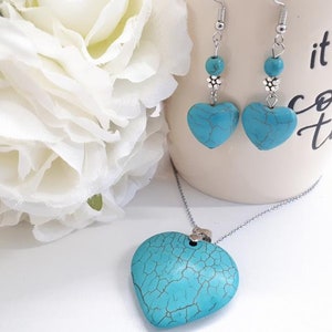 Heart Turquoise Set • Heart Shape Silver Turquoise Earrings • Heart Turquoise Pendant Necklace •Turquoise Necklace Dangle Earrings for Woman