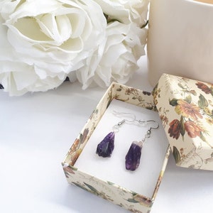 Raw Amethyst Earrings • Rough Gemstone Earrings with Amethyst Crystal • Purple Drop Dangle Earrings • February birthstone earrings for woman