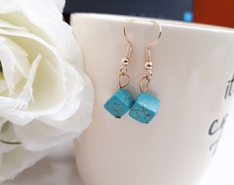 Turquoise Square Gold Earrings • Square Drop Earrings • Turquoise Dangle Earrings • December Birthstone • Turquoise Jewelry for Women