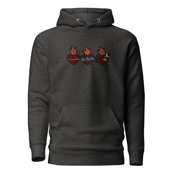 Maroon Colored Hearts - Embroidered Holy Hearts Hoodie, Catholic Hoodie, Sacred Heart, Immaculate Heart, Chaste Heart of Joseph