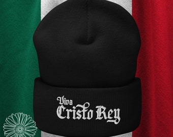 Embroidered Viva Cristo Rey Beanie - Cuffed, Catholic Beanie, Catholic Hat, Blackletter Font, Confirmation Gift, Priest Gift, Catholic Dad