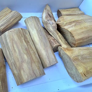 Op de afbeelding: Een verzameling van acht stukken ruw gezaagd, lichtbruin hout. Het hout ligt op een wit oppervlak.