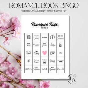 May include: A printable bingo card with a pink heart in the center. The card is titled "Romance Trope Bingo" and features squares with common romance novel tropes, such as "Slow Burn", "Enemies to Lovers", "Billionaire", "Age Gap", "Second Chance Romance", "Forced Proximity", "Best Friend's Sibling", "Grumpy Sunshine", "Love Triangle", "Bad Boy", "Only One Bed", "Fake Dating", "Forbidden Love", "Meet Cute", "The Bet", "Marriage of Convenience", "Touch Her and Die", "Mutual Pining", "Star Crossed Lovers", "Friends to Lovers", "Office Romance", "Soulmate", "Revenge Romance", and "Roommates".