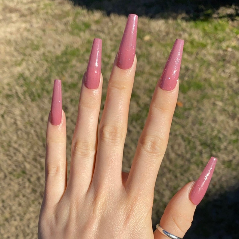 Blush Pink Long Press On Fake Nails Blush Pink with Sparkles | Etsy