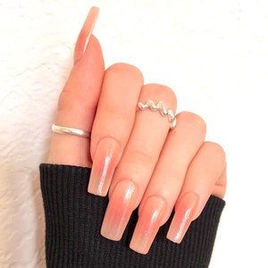 Made to Order Hand Painted Press On Nails - Translucent Korean Blush Nails with Glitter