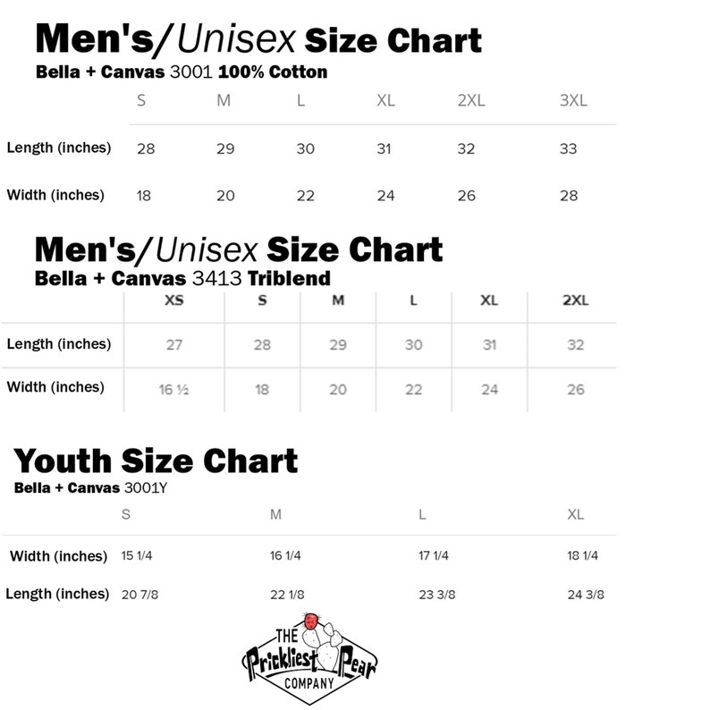 May include: Size chart for Bella + Canvas 3001 100% cotton, Bella + Canvas 3413 Triblend, and Bella + Canvas 3001Y. The chart shows the length and width in inches for each size, from XS to 3XL.