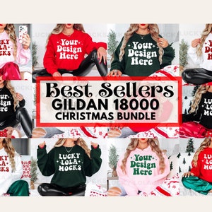May include: A collage of eight Gildan 18000 sweatshirts in various colors, including pink, red, black, white, green, and dark green. Each sweatshirt features a different design, including the text "Lucky + Lola + Mocks" and "Your Design Here".