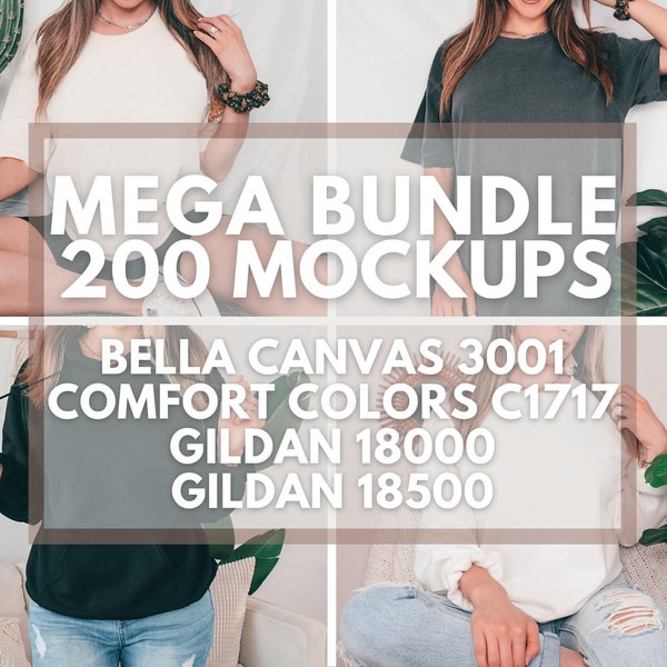 Mega Mockup Bundel, Bella Canvas 3001 Mockup Bundel, Comfort Colors C1717 Mockup Bundel, Gildan 18000 Mockup Bundel, Gildan 18500 Mockup