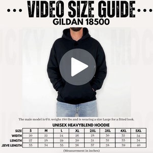 Tabla de tallas de Gildan 18500 en video, tabla de tallas para hombres, maqueta de tabla de tallas de Gildan, tabla de tallas de sudaderas con capucha, maqueta de tabla de tallas, guía de tallas 18500