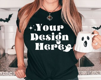 Bella Canvas 3001 Black Mockup, Fall Shirt Mockup, Fall Mockup, Model Mockup, Black T-shirt Mockup, Halloween Mockup, Boho Mockup,
