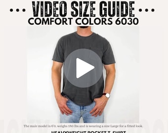 Comfort Colors 6030 Taschenvideo-Größenleitfaden, Größentabellen-Mockup, Comfort Colors-Größentabelle, Größenleitfaden, 6030-Größentabelle, 6030-Größenleitfaden