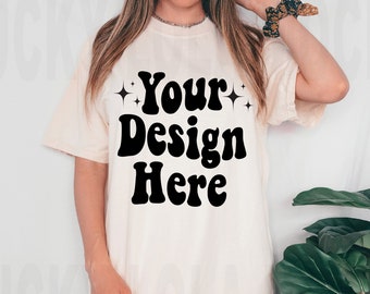 Comfort Colors C1717 Ivory Shirt Mockup, Comfort Colors Ivory Mockup, Model Mockup, Boho Mockup, Oversized Mockup, Ivory Tshirt Mockup