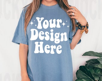 Comfort Colors C1717 Blue Jean Shirt Mockup, Comfort Colors Blue Jean Mockup, Model Mockup, Boho Mockup, Oversized Mockup, Blue Shirt Mockup