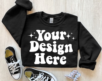 Gildan 18000 Black Sweatshirt Mockup, 18000 Mockup Flatlay, Gildan 18000 Mockup, Gildan Black Sweatshirt Mockup, Flatlay Mockup, Fall Mockup