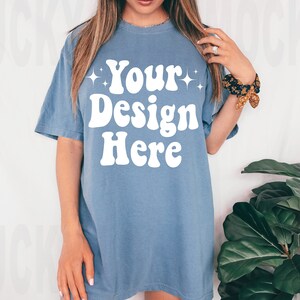 Comfort Colors C1717 Blue Jean Shirt Mockup, Comfort Colors Blue Jean Mockup, Model Mockup, Boho Mockup, Oversized Mockup, Blue Shirt Mockup
