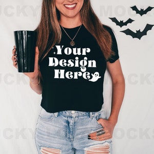 Black Bella Canvas 8882 Mockup, 8882 Bella Canvas Mockup, Halloween Mockup, Black Tshirt Mockup, Cropped Tshirt Mockup, Model Mockup