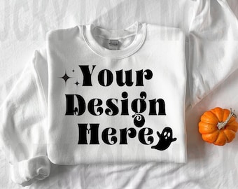 Gildan 18000 White Mockup, White Sweatshirt Mockup, Gildan 18000 Mockup, Flatlay Mockup  Fall Mockup, Halloween Mockup, Boho Mockup