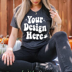 Bella Canvas 3001 Dark Grey Heather Mockup, Fall Shirt Mockup, Fall Mockup, Model Mockup, Heather Dark Grey T-shirt Mockup, Halloween Mockup