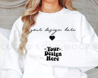 Gildan Sleeve Mock, Gildan 18000 White Mockup, 18000 White Mockup, Gildan White Sweatshirt Mockup, Model Mockup, White Gildan 18000 Mockup