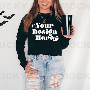 Black Bella Canvas 7503 Mockup, 7503 Bella Canvas Mockup, Halloween Mockup, Sweatshirt Mockup, Cropped Crew Fleece Mockup, Model Mockup