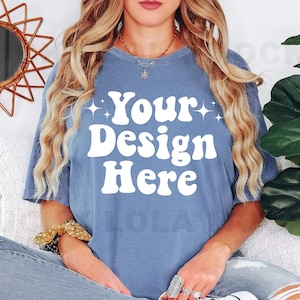Comfort Colors Blue Jean Mockup, 1717 Mockup, Model Mockup, Oversized Comfort Colors Mockup, Blue Shirt Mockup, Blue Jean Mockup