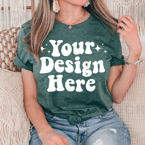 Bella Canvas Heather Forest, Bella Canvas 3001 Mockup, Model Mockup, Green Shirt Mockup, 3001 Oversized Mockup, 3001 Heather Forest Mockup