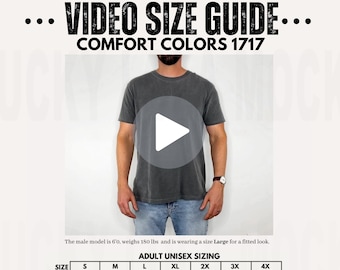 Tabla de tallas en video de Comfort Colors, tabla de tallas para hombre, tabla de tallas de camisas para hombre, tabla de tallas 1717, tabla de tallas Comfort Colors 1717, maqueta de tabla de tallas