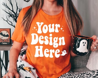 Bella Canvas 3001 Orange Mockup, Fall Shirt Mockup, Fall Mockup, Model Mockup, Orange T-Shirt Mockup, Halloween Mockup, Bella Canvas Mockup
