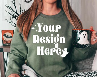 Gildan 18000 Military Green Mockup, Military Green Sweatshirt Mockup, Gildan 18000 Mockup, Model Mockup, Fall Mockup, Halloween Mockup,