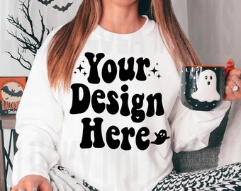 Gildan 18000 White Mockup, White Sweatshirt Mockup, Gildan 18000 Mockup, Model Mockup, Fall Mockup, Halloween Mockup, Spooky Mockup