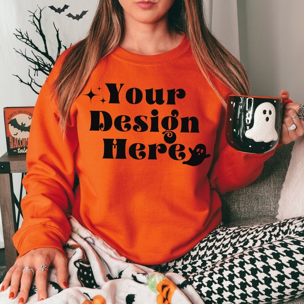 Gildan 18000 Orange Mockup, Orange Sweatshirt Mockup, Gildan 18000 Mockup, Model Mockup, Fall Mockup, Halloween Mockup, Boho Mockup