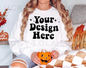 Gildan 18000 Mockup, Fall Mockup Gildan 18000, 18000 White Mockup, Gildan White Sweatshirt Mockup, Oversized Sweatshirt Mockup, Halloween