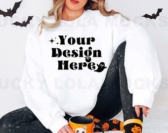 Gildan 18000 Mockup, Halloween Sweatshirt Mockup, 18000 White Mockup, Gildan White Sweatshirt Mockup, Oversized Sweatshirt Mockup