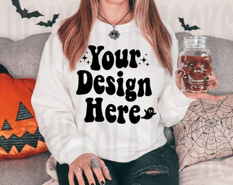 Gildan 18000 White Mockup, White Sweatshirt Mockup, Gildan 18000 Mockup, Model Mockup, Fall Mockup, Halloween Mockup, Spooky Mockup