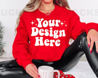 Gildan 18000 Christmas Mockup, Gildan 18000 Red Mockup, Red Sweatshirt Mockup, Gildan 18000 Mockup, Winter Mockup, Holiday Mockup, G180 Mock