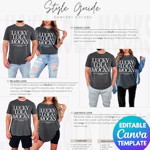 Puede incluir: Una guía de estilo para camisetas que muestra diferentes estilos y tallas. La guía muestra a una mujer usando una camiseta negra con el texto "Lucky Lola Mocks" en blanco. La guía también incluye información sobre el material de la camiseta y las medidas de la modelo.