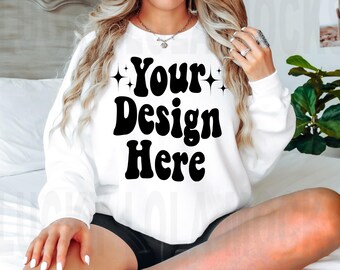 Gildan 18000 Mockup, 18000 White Mockup, Gildan White Sweatshirt Mockup, Oversized Mockup, Sweatshirt Model Mockup White Gildan 18000 Mockup