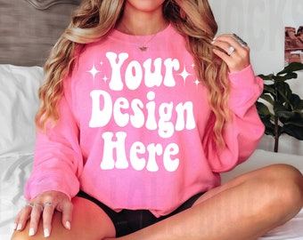Gildan 18000 Mockup, Safety Pink Mockup, Gildan Pink Sweatshirt Mockup, Oversized Mockup, Sweatshirt Model Mockup, 18000 Safety Pink