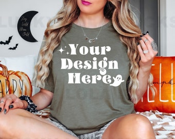 Bella Canvas 3001 Heather Olive Mockup, 3001 Halloween Mockup, Oversized Shirt Mockup, Bella Canvas Heather Olive, 3001 Fall Mockup