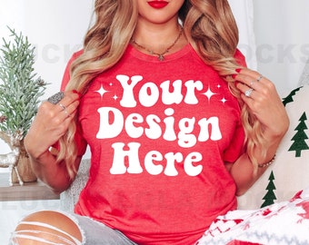 Bella Canvas 3001 Heather Red Mockup, Bella Canvas 3001 Mockup, Model Mockup, Red Shirt Mockup, 3001 Oversized Mockup, 3001 Christmas Mockup
