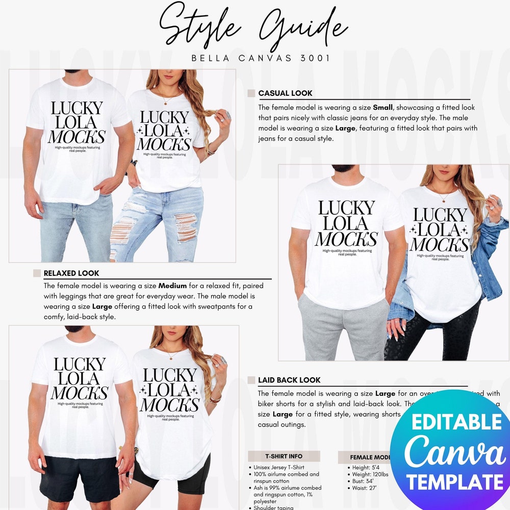 Peckshirt Custom Style Guide - Bella Canvas 3001 Mockup, Bella Canvas 3001 Size Chart Mockup, Bella Canvas Style Guide, Bella Canvas Couple Mockup