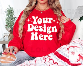 Gildan 18000 Mockup, Christmas Mockup, Gildan Red Sweatshirt Mockup, Oversized Sweatshirt Mockup, Model Mockup, 18000 Christmas Mockup