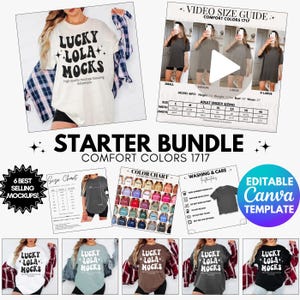 以下が含まれることがあります： 「LUCKY LOLA MOCKS」の文字が入ったTシャツのモックアップのコレクション。サイズチャート、カラーチャート、洗濯表示が含まれています。「STARTER BUNDLE」と「EDITABLE Canva TEMPLATE」の文字も表示されています。