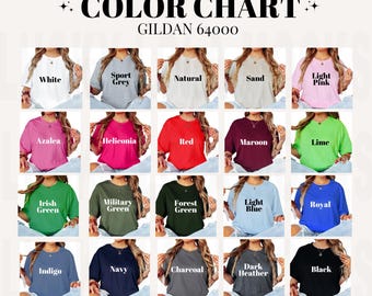 Carta de colores Gildan 64000, Carta de colores Gildan, Carta de colores para camisetas Gildan, Carta de colores del modelo 64000, Maqueta de la carta de colores, Carta de colores G640