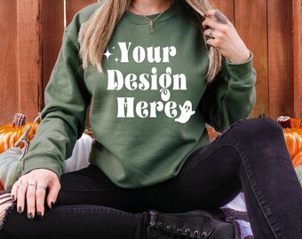 Gildan 18000 Military Green Mockup, Military Green Sweatshirt Mockup, Gildan 18000 Mockup, Model Mockup, Fall Mockup, Halloween Mockup,