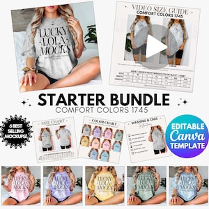 May include: A promotional image for a t-shirt mock-up starter bundle. The image includes a woman wearing a t-shirt with the text "LUCKY LOLA MOCKS". Additional elements include size and color charts, and a video size guide.