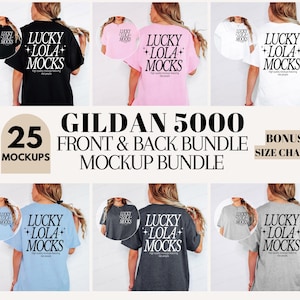 以下が含まれることがあります： 黒、ピンク、白、青、グレー、チャコールなど、さまざまな色のGildan 5000 Tシャツのモックアップバンドル。シャツの背面には「LUCKY LOLA MOCKS」の文字が表示されています。画像には「25 MOCKUPS」と「BONUS SIZE CHART！」の文字も含まれています。